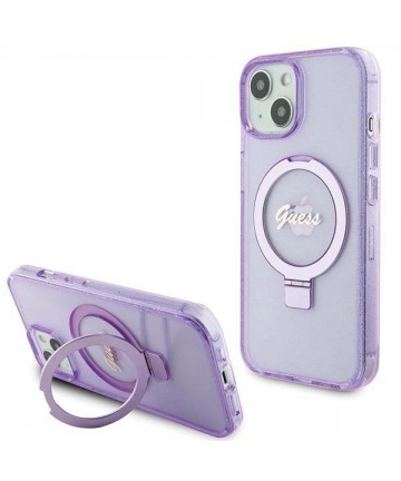 Guess Ring Stand Script Glitter MagSafe case for iPhone 15 Plus / 14 Plus - purple