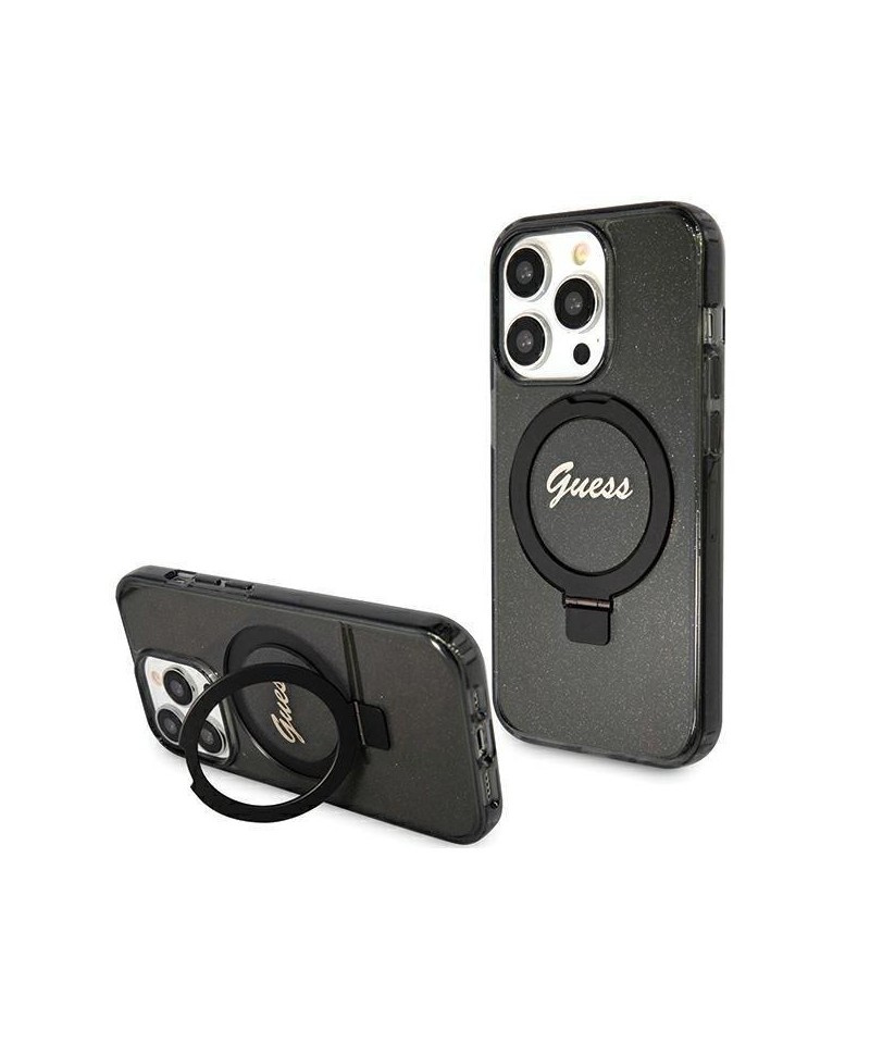 Guess Ring Stand Script Glitter MagSafe case for iPhone 15 Pro Max - black