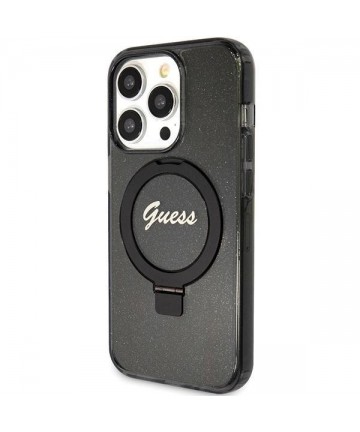 Guess Ring Stand Script Glitter MagSafe case for iPhone 15 Pro Max - black