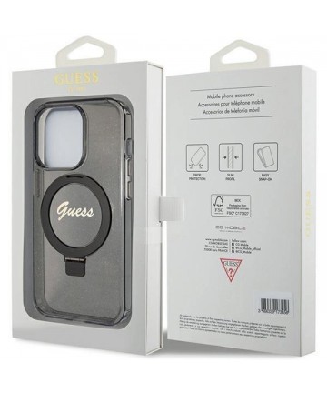 Guess Ring Stand Script Glitter MagSafe case for iPhone 15 Pro Max - black