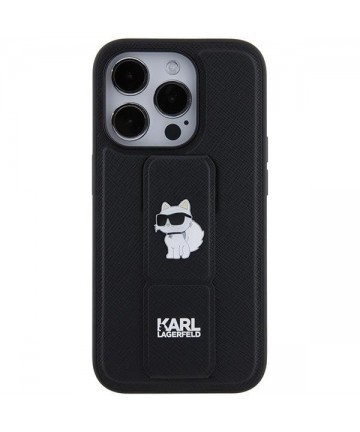 Karl Lagerfeld Gripstand Saffiano Choupette Pins case for iPhone 15 Pro - black