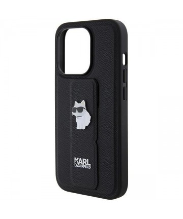 Karl Lagerfeld Gripstand Saffiano Choupette Pins case for iPhone 15 Pro - black
