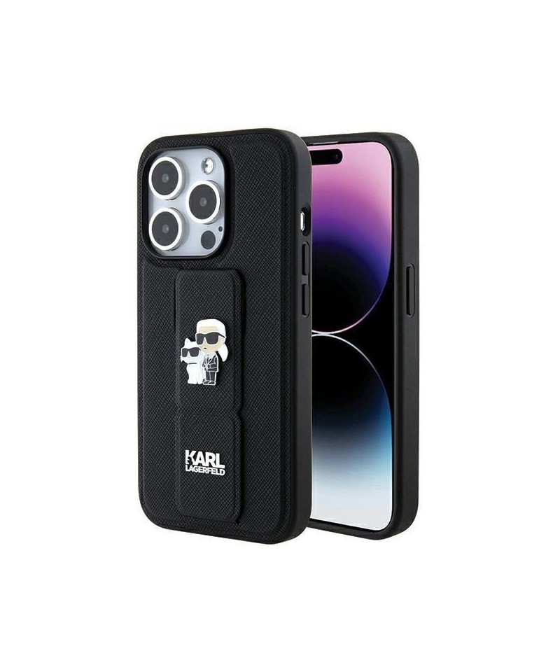 Karl Lagerfeld Gripstand Saffiano Karl&Choupette Pins case for iPhone 15 Pro - black