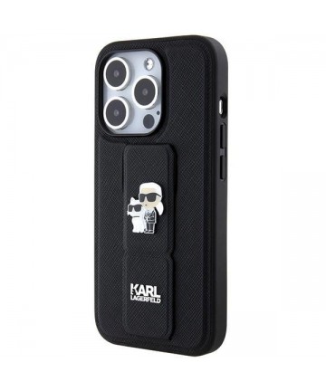 Karl Lagerfeld Gripstand Saffiano Karl&Choupette Pins case for iPhone 15 Pro - black