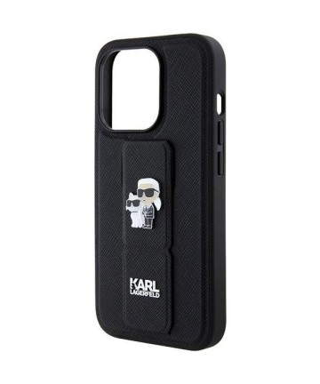 Karl Lagerfeld Gripstand Saffiano Karl&Choupette Pins case for iPhone 15 Pro - black