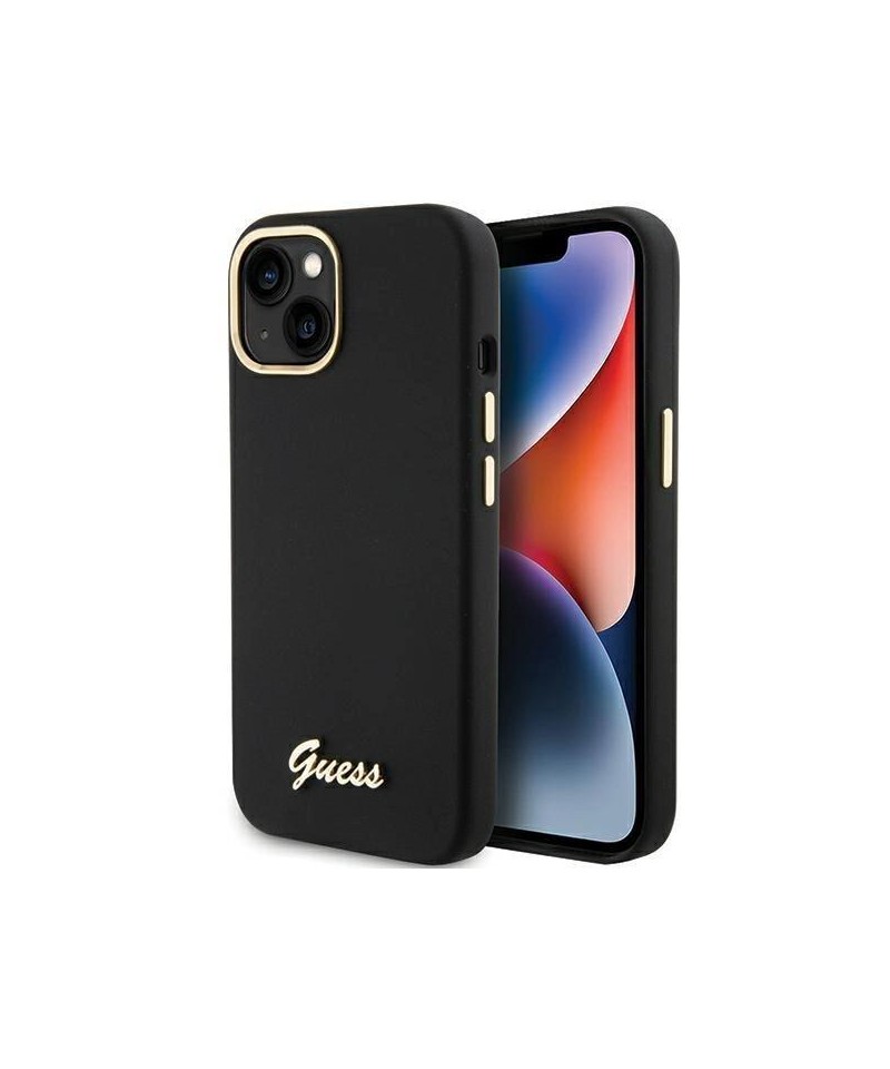 Guess Silicone Script Metal Logo & Frame case for iPhone 15 - black