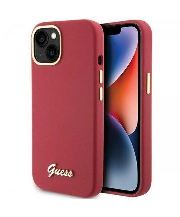 Guess Silicone Script Metal Logo & Frame case for iPhone 15 - red