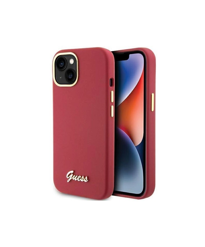 Guess Silicone Script Metal Logo & Frame case for iPhone 15 - red