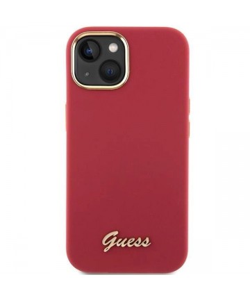 Guess Silicone Script Metal Logo & Frame case for iPhone 15 - red