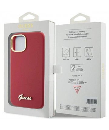 Guess Silicone Script Metal Logo & Frame case for iPhone 15 - red