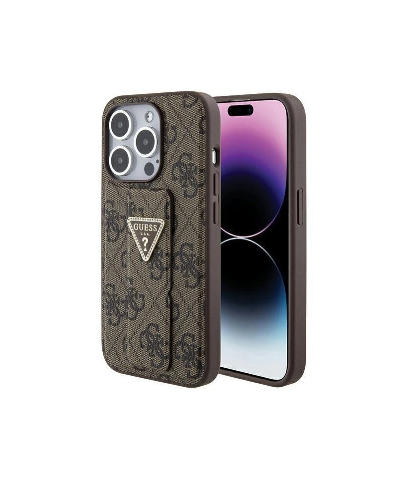 Guess Grip Stand 4G Triangle Strass case for iPhone 15 Pro Max - brown