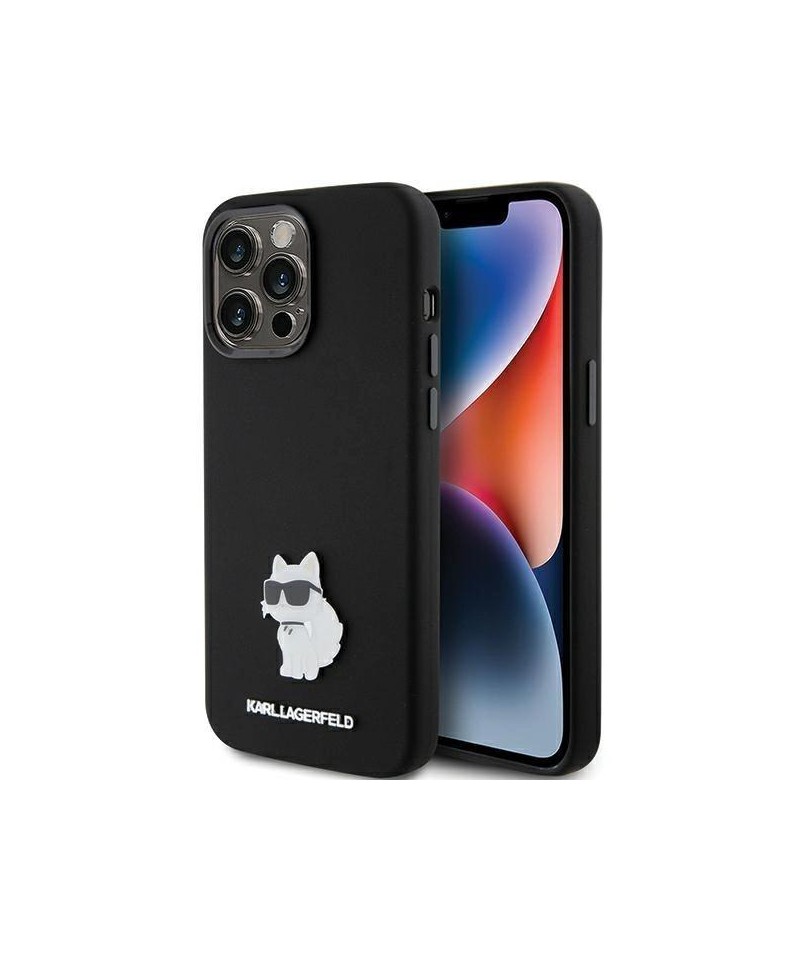 Karl Lagerfeld Silicone Choupette Metal Pin case for iPhone 15 Pro Max - black