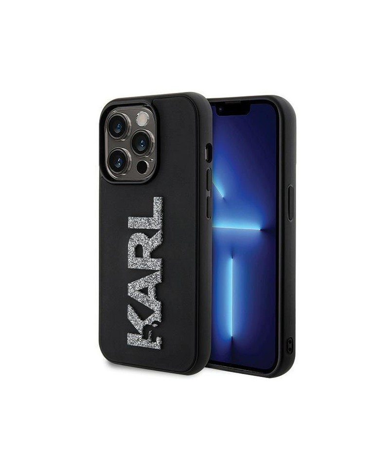 Karl Lagerfeld 3D Rubber Glitter Logo iPhone 15 Pro Case - Black