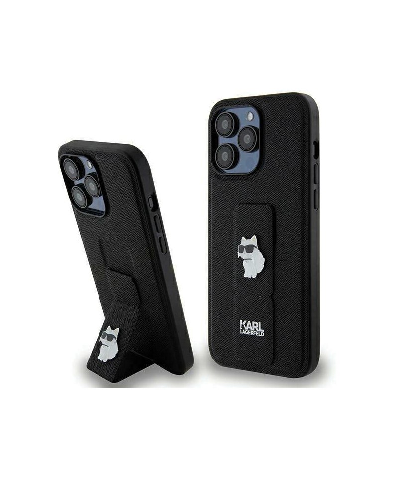 Karl Lagerfeld Gripstand Saffiano Choupette Pins Case for iPhone 13 Pro / 13 - Black