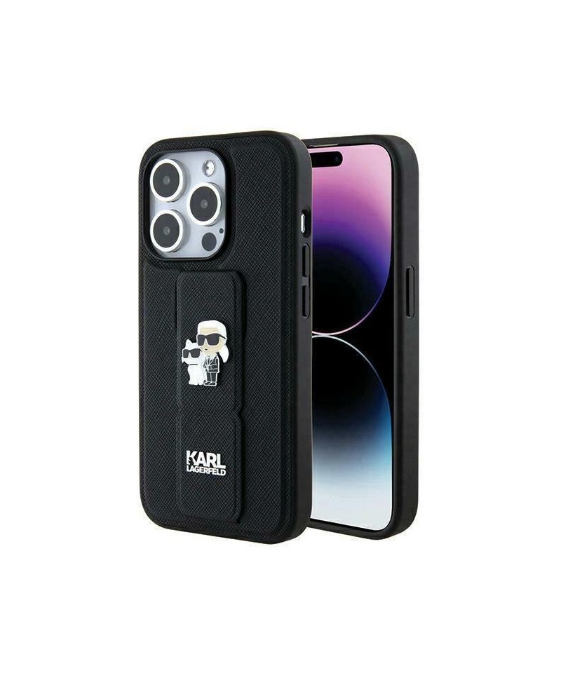 Karl Lagerfeld Gripstand Saffiano Karl&Choupette Pins case for iPhone 13 Pro / 13 - black
