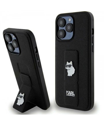 Karl Lagerfeld Gripstand Saffiano Choupette Pins case for iPhone 13 Pro Max - black