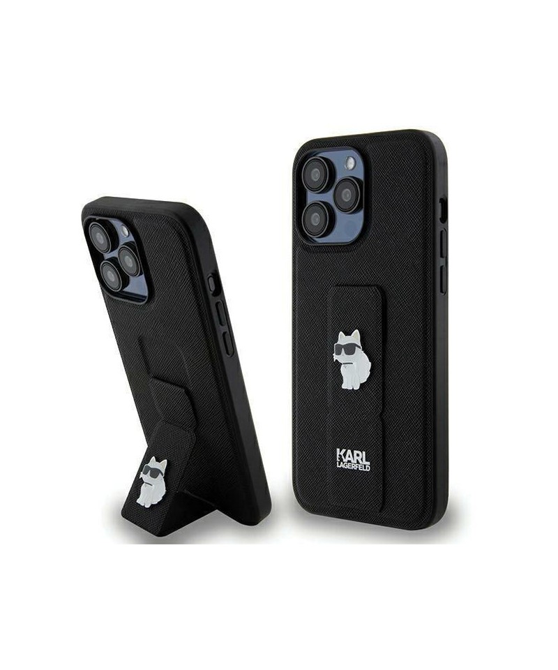 Karl Lagerfeld Gripstand Saffiano Choupette Pins case for iPhone 13 Pro Max - black