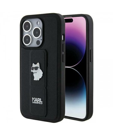 Karl Lagerfeld Gripstand Saffiano Choupette Pins case for iPhone 14 Pro - black