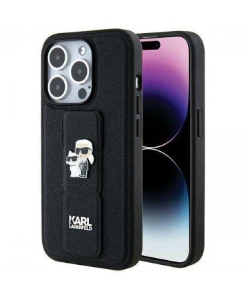 Karl Lagerfeld Gripstand Saffiano Karl&Choupette Pins case for iPhone 14 Pro - black