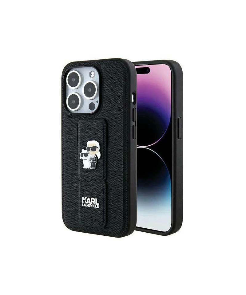 Karl Lagerfeld Gripstand Saffiano Karl&Choupette Pins case for iPhone 14 Pro - black