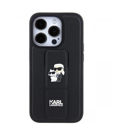Karl Lagerfeld Gripstand Saffiano Karl&Choupette Pins case for iPhone 14 Pro - black