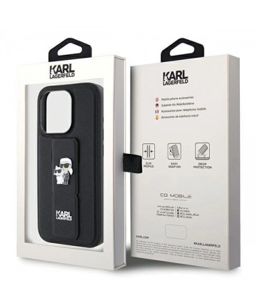 Karl Lagerfeld Gripstand Saffiano Karl&Choupette Pins case for iPhone 14 Pro - black