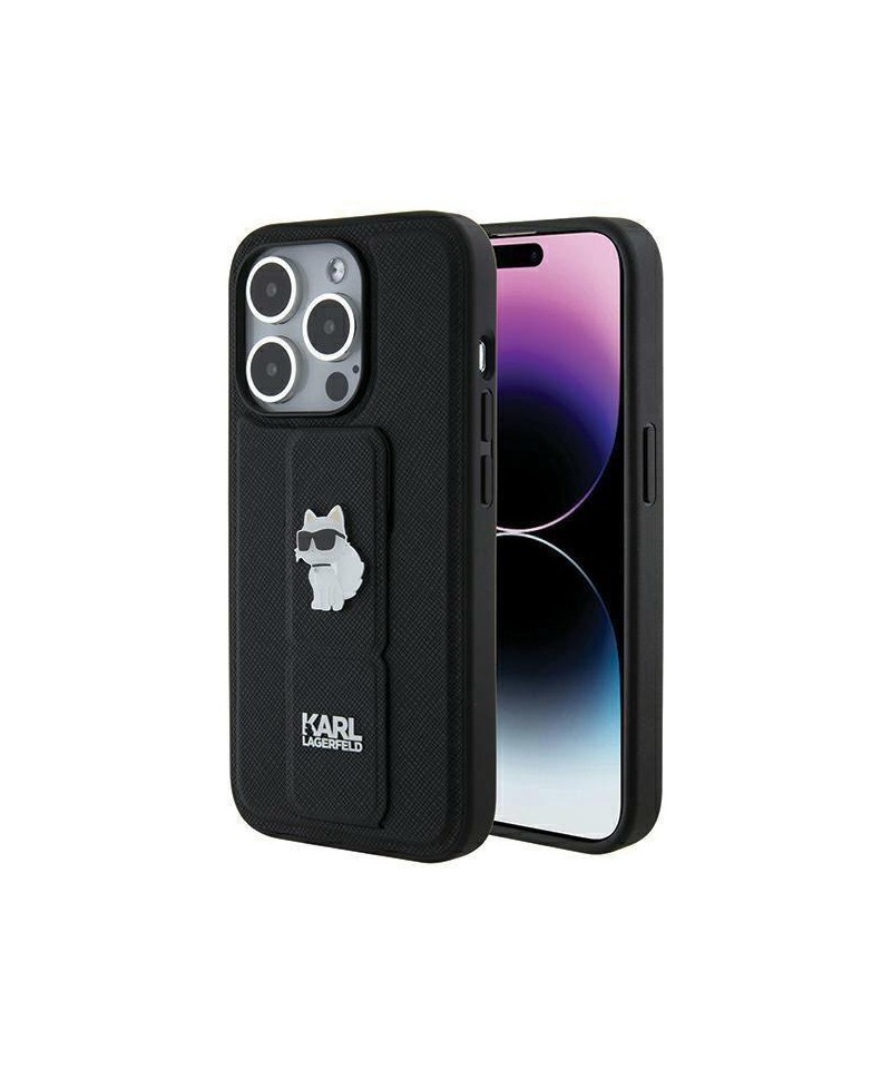 Karl Lagerfeld Gripstand Saffiano Choupette Pins case for iPhone 14 Pro Max - black