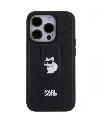 Karl Lagerfeld Gripstand Saffiano Choupette Pins case for iPhone 14 Pro Max - black