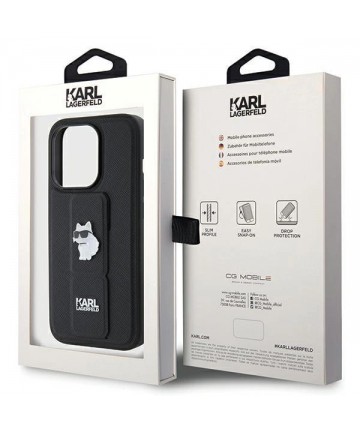 Karl Lagerfeld Gripstand Saffiano Choupette Pins case for iPhone 14 Pro Max - black