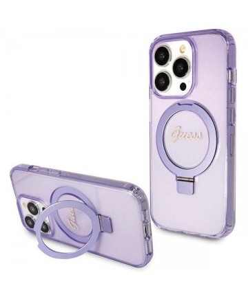 Guess Ring Stand Script Glitter MagSafe case for iPhone 14 Pro Max - purple