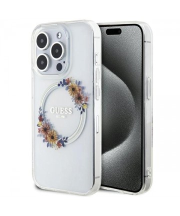 Guess IML Flowers Wreatch MagSafe case for iPhone 15 Pro - transparent