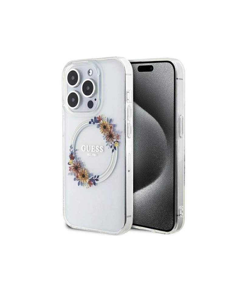 Guess IML Flowers Wreatch MagSafe case for iPhone 15 Pro - transparent