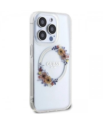 Guess IML Flowers Wreatch MagSafe case for iPhone 15 Pro - transparent
