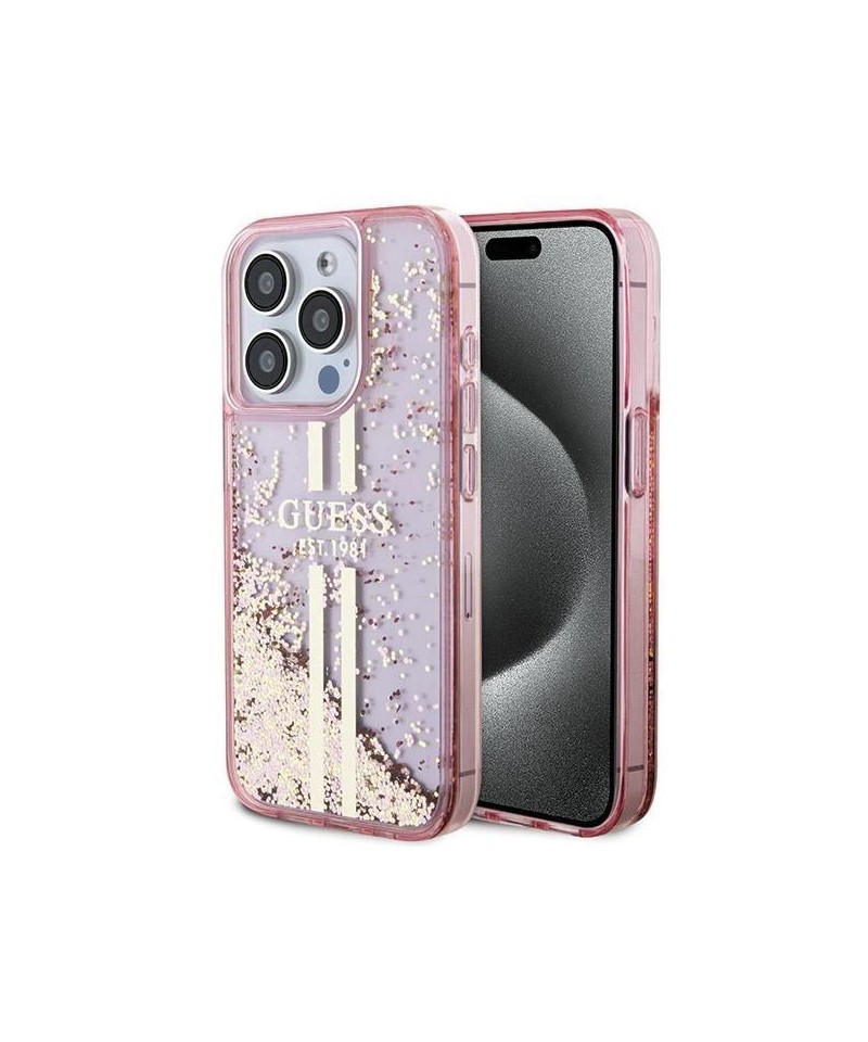 Guess Liquid Glitter Gold Stripes case for iPhone 15 Pro - pink