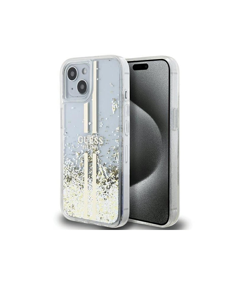 Guess Liquid Glitter Gold Stripes case for iPhone 15 Plus / 14 Plus - transparent