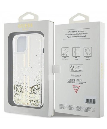 Guess Liquid Glitter Gold Stripes case for iPhone 15 Plus / 14 Plus - transparent