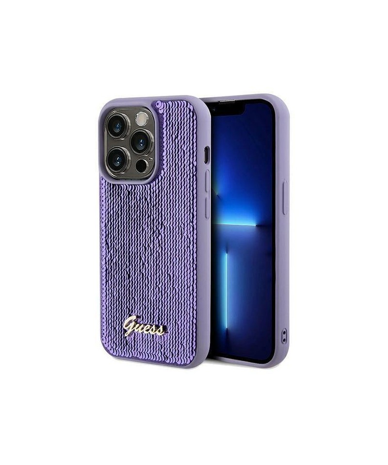 Guess Sequin Script Metal case for iPhone 14 Pro - purple