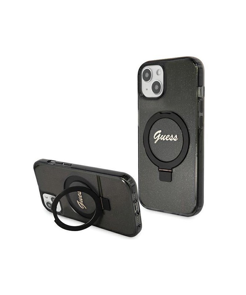 Guess Ring Stand Script Glitter MagSafe case for iPhone 13 / 14 / 15 - black