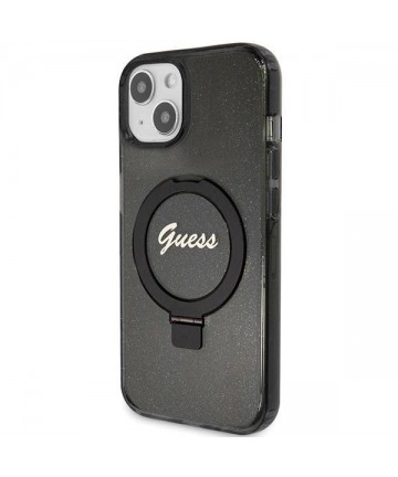 Guess Ring Stand Script Glitter MagSafe case for iPhone 13 / 14 / 15 - black