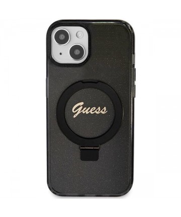 Guess Ring Stand Script Glitter MagSafe case for iPhone 13 / 14 / 15 - black