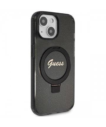 Guess Ring Stand Script Glitter MagSafe case for iPhone 13 / 14 / 15 - black