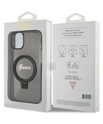 Guess Ring Stand Script Glitter MagSafe case for iPhone 13 / 14 / 15 - black