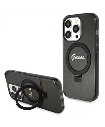 Guess Ring Stand Script Glitter MagSafe case for iPhone 14 Pro - black