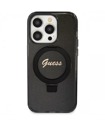 Guess Ring Stand Script Glitter MagSafe case for iPhone 14 Pro Max - black