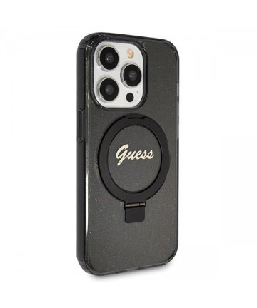 Guess Ring Stand Script Glitter MagSafe case for iPhone 14 Pro Max - black