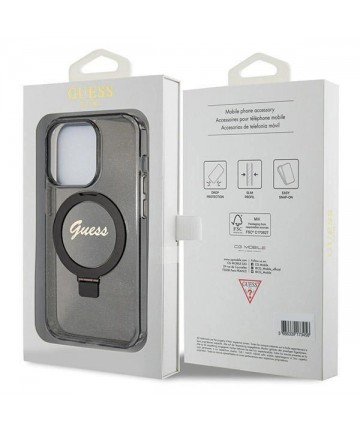 Guess Ring Stand Script Glitter MagSafe case for iPhone 14 Pro Max - black