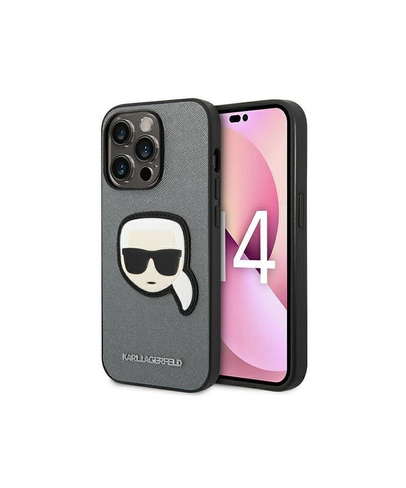 Karl Lagerfeld Saffiano Karl's Head Patch Case for iPhone 14 Pro - Silver