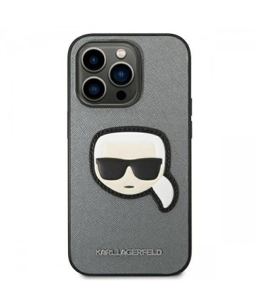 Karl Lagerfeld Saffiano Karl's Head Patch Case for iPhone 14 Pro - Silver