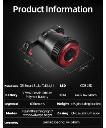 Rockbros Q5 Rear Bike Light with Intelligent Stop System - Black