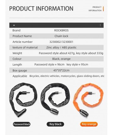 Rockbros 3230002001 bicycle lock with combination and key - black